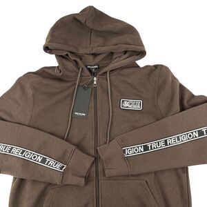 New Mens True Religion Spellout Logo Taping Full Zip Hoodie Size Large Brown NWT